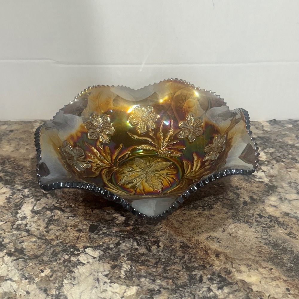 Vintage Amethyst Carnival Glass Ruffled Bowl Floral Hearts Stars Iridescent 8.5"